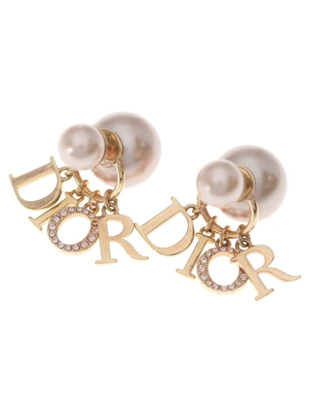 Dior Logo Faux Pearl Rhinestone Tribal Earrings Gold